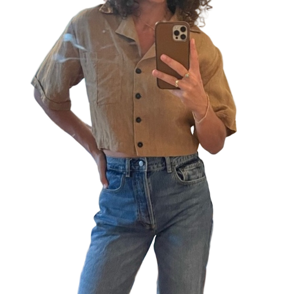ArkiTaip Linen Camper Shirt – Soft Camel Earth Tones – Size S